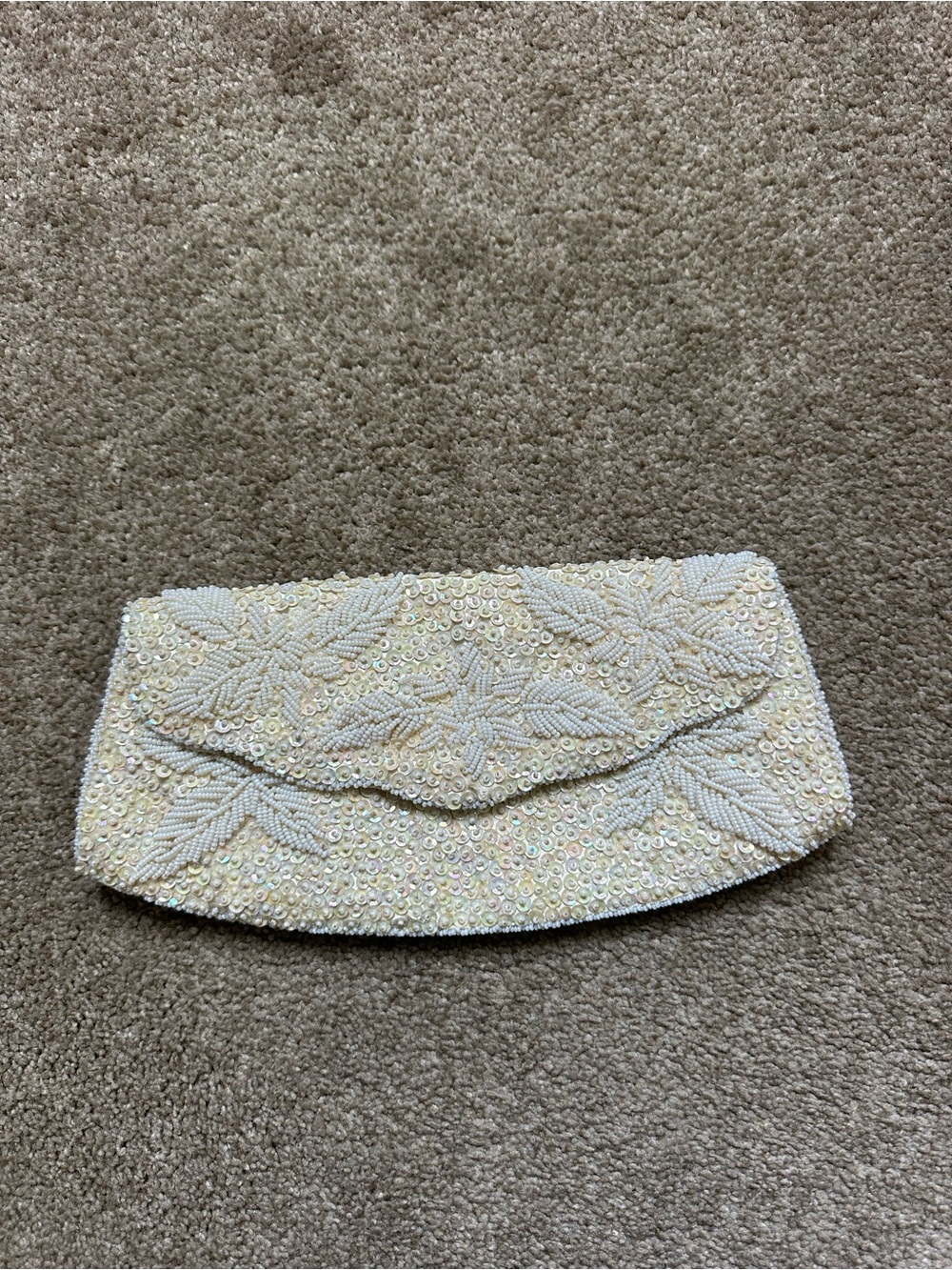 Vintage Handmade Sequin Beaded Floral White Ivory Clutch Bag